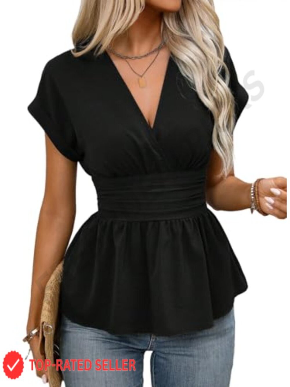 Womens Peplum Blouse Cap Sleeve V Neck Cinched Waist Business Casual Top